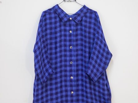 100% Linen 3 4 Sleeve Classic Dress Royal Check on Sale