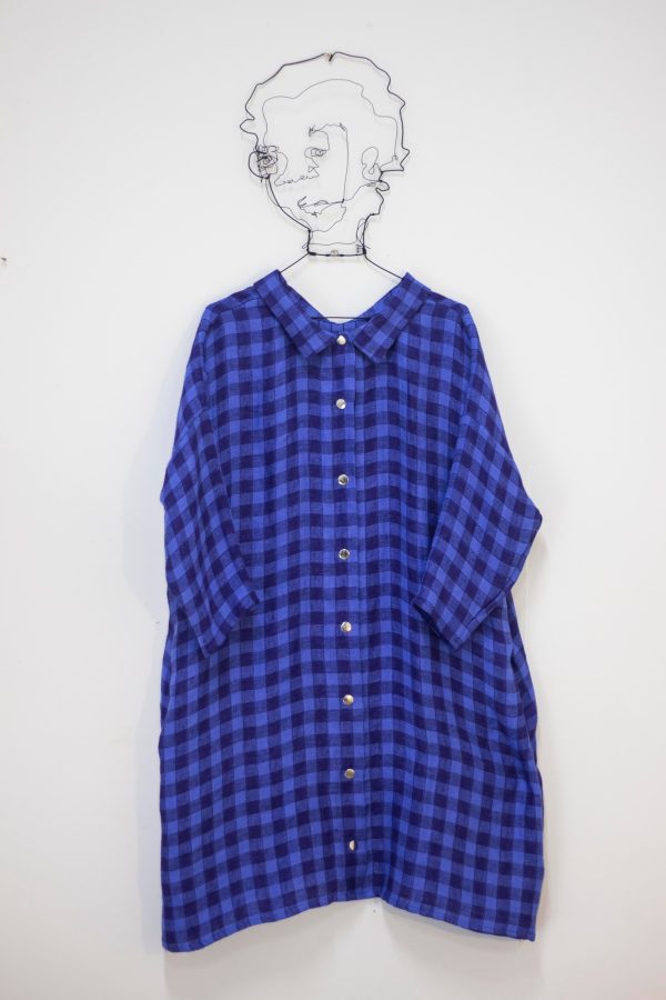 100% Linen 3 4 Sleeve Classic Dress Royal Check on Sale