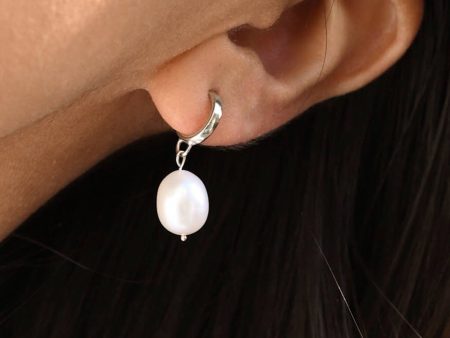 Silver Pearl Drop Huggie Hoop Earrings Hot on Sale