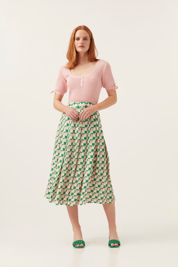 Pink Green  Checkerboard Midi Skirt Discount