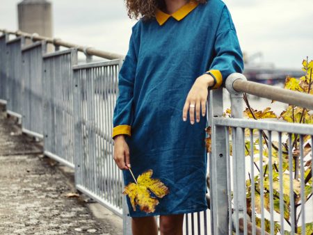 100% Linen Classic Dress Teal with Mustard Detailing For Sale