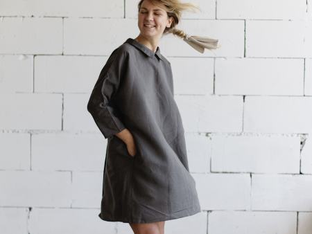 100% Linen 3 4 Sleeve Classic Dress Grey Online Hot Sale