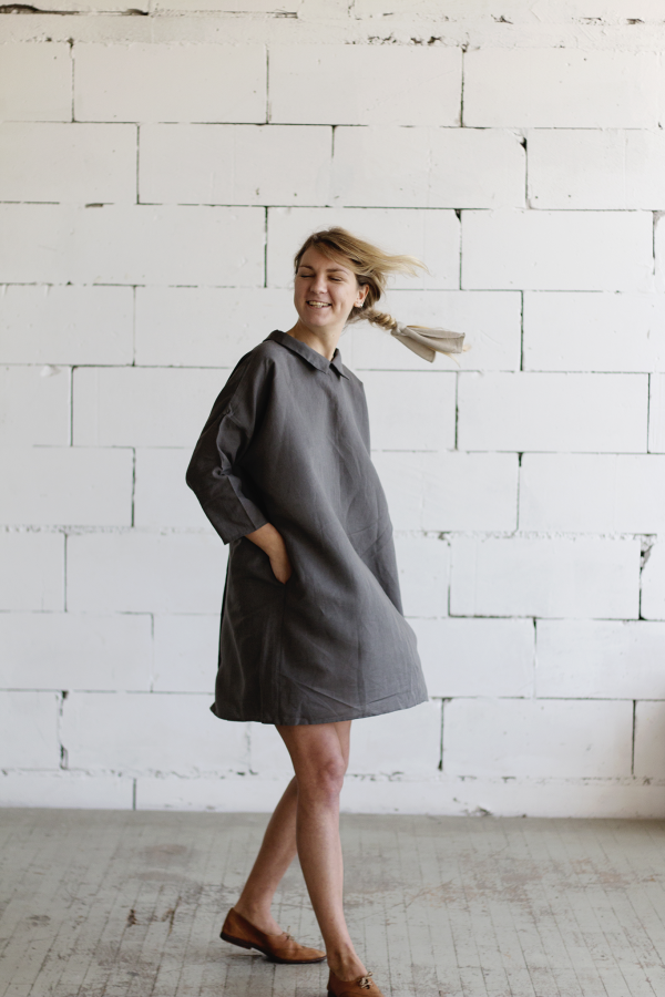 100% Linen 3 4 Sleeve Classic Dress Grey Online Hot Sale