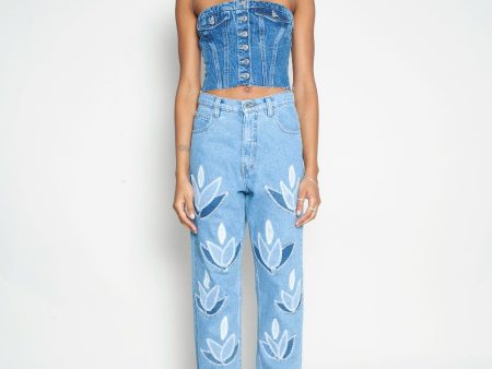 High Waisted Organic & Recycled Upcycled Denim Leaf Blue Jeans Fashion