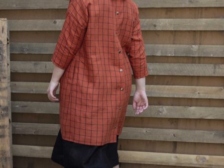 100% Linen 3 4 Sleeve Classic Dress Orange Check For Discount