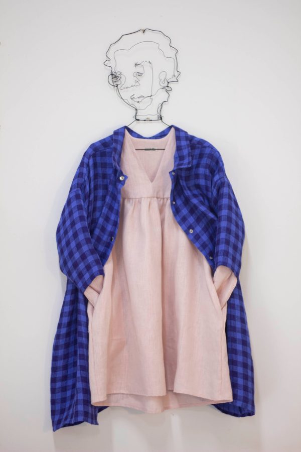 100% Linen 3 4 Sleeve Classic Dress Royal Check on Sale